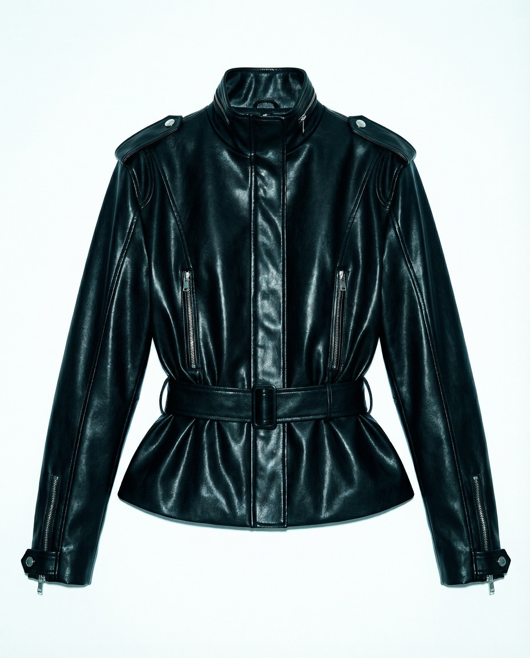 Boxy Faux Leather Funnel Neck Belted Jacket - nightcity clothing