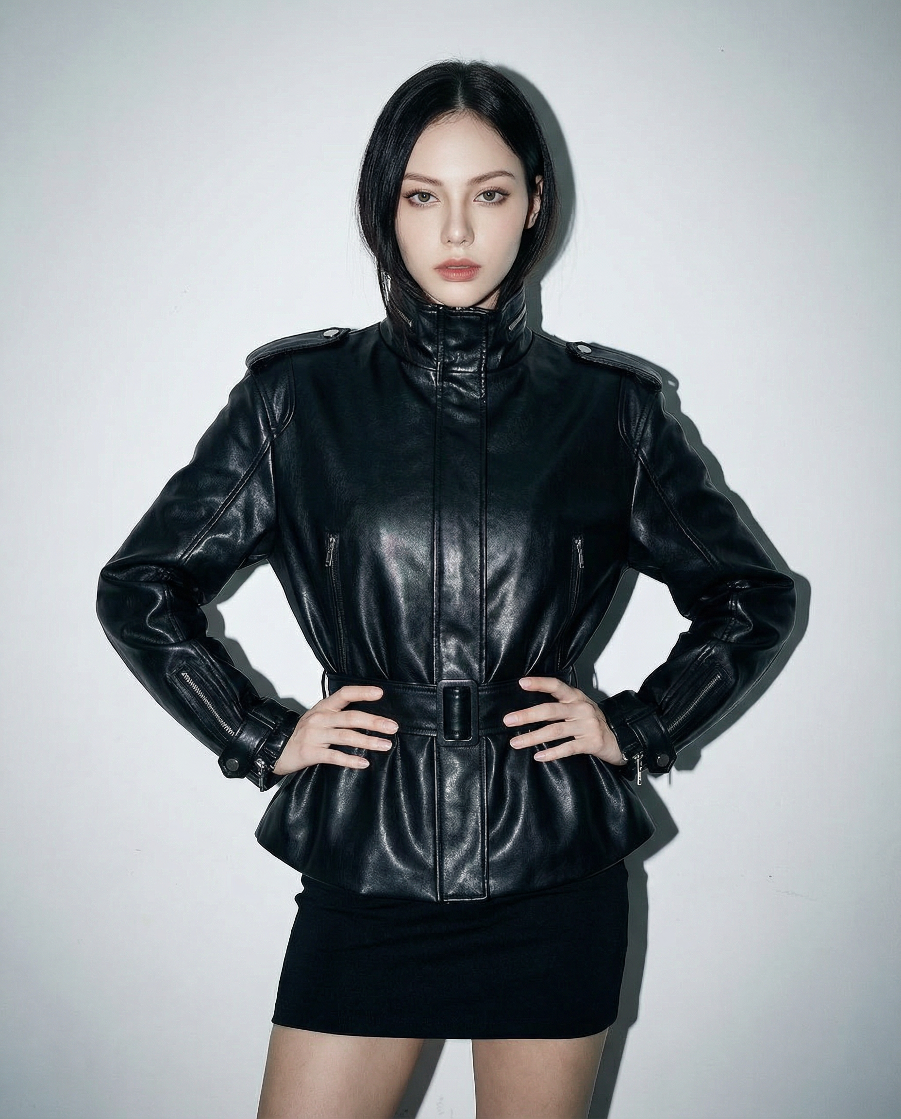 Boxy Faux Leather Funnel Neck Belted Jacket - nightcity clothing