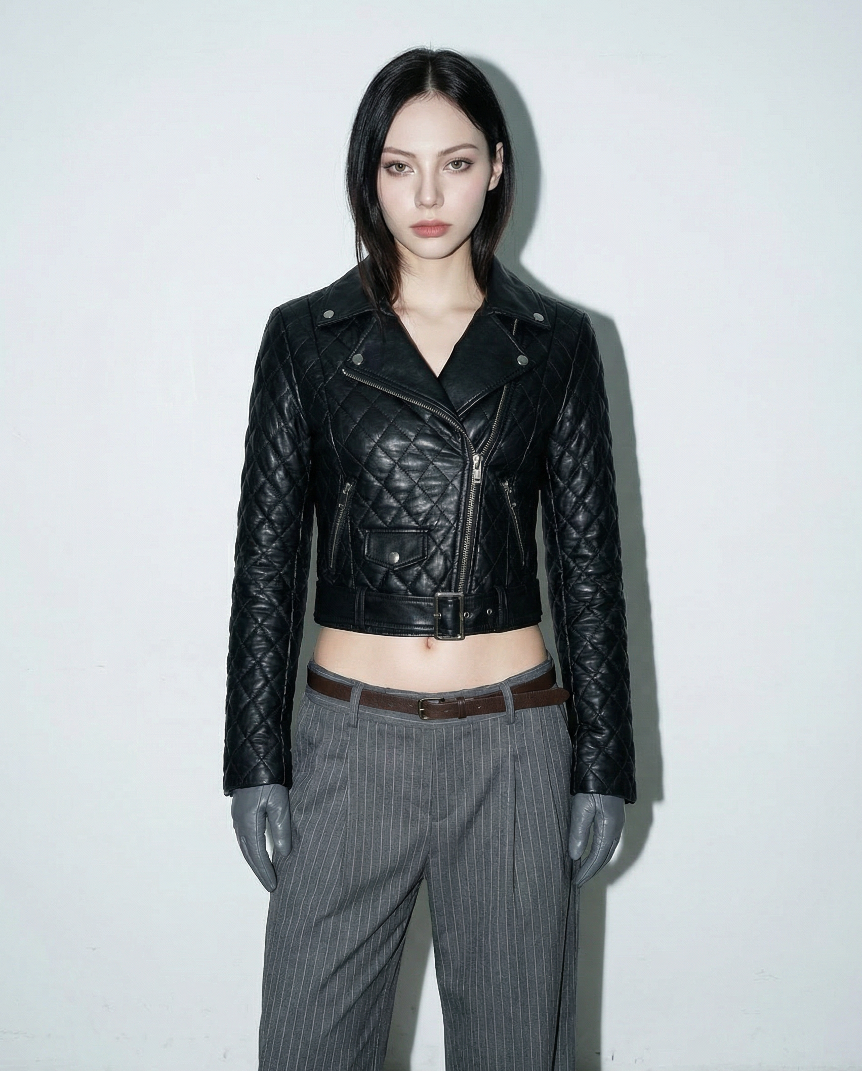 Asymmetric Quilted Faux Leather Cropped Biker Jacket - nightcity clothing