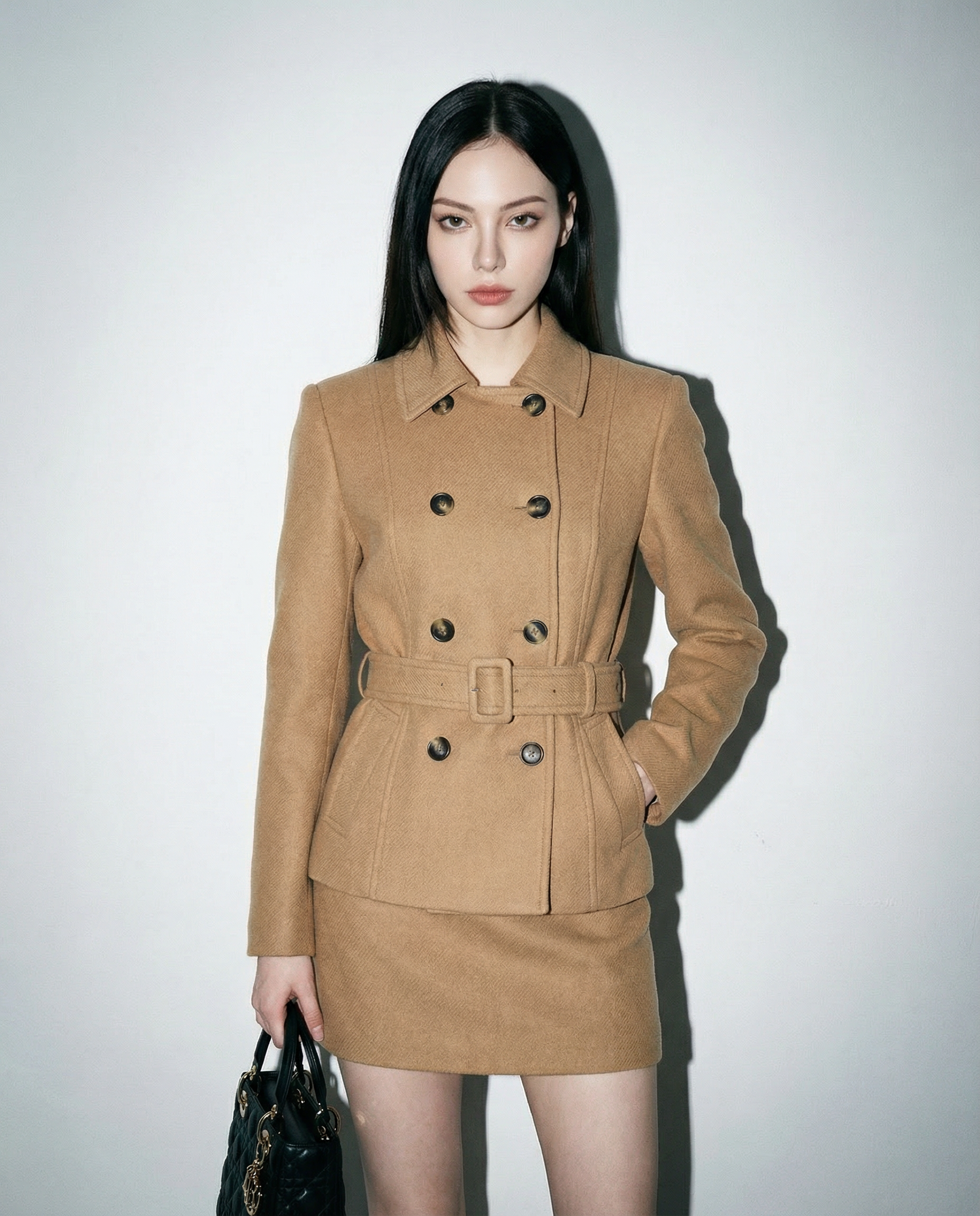 Military Double Breasted Wool Blend Coat and Mini Skirt Two-Piece Set - nightcity clothing