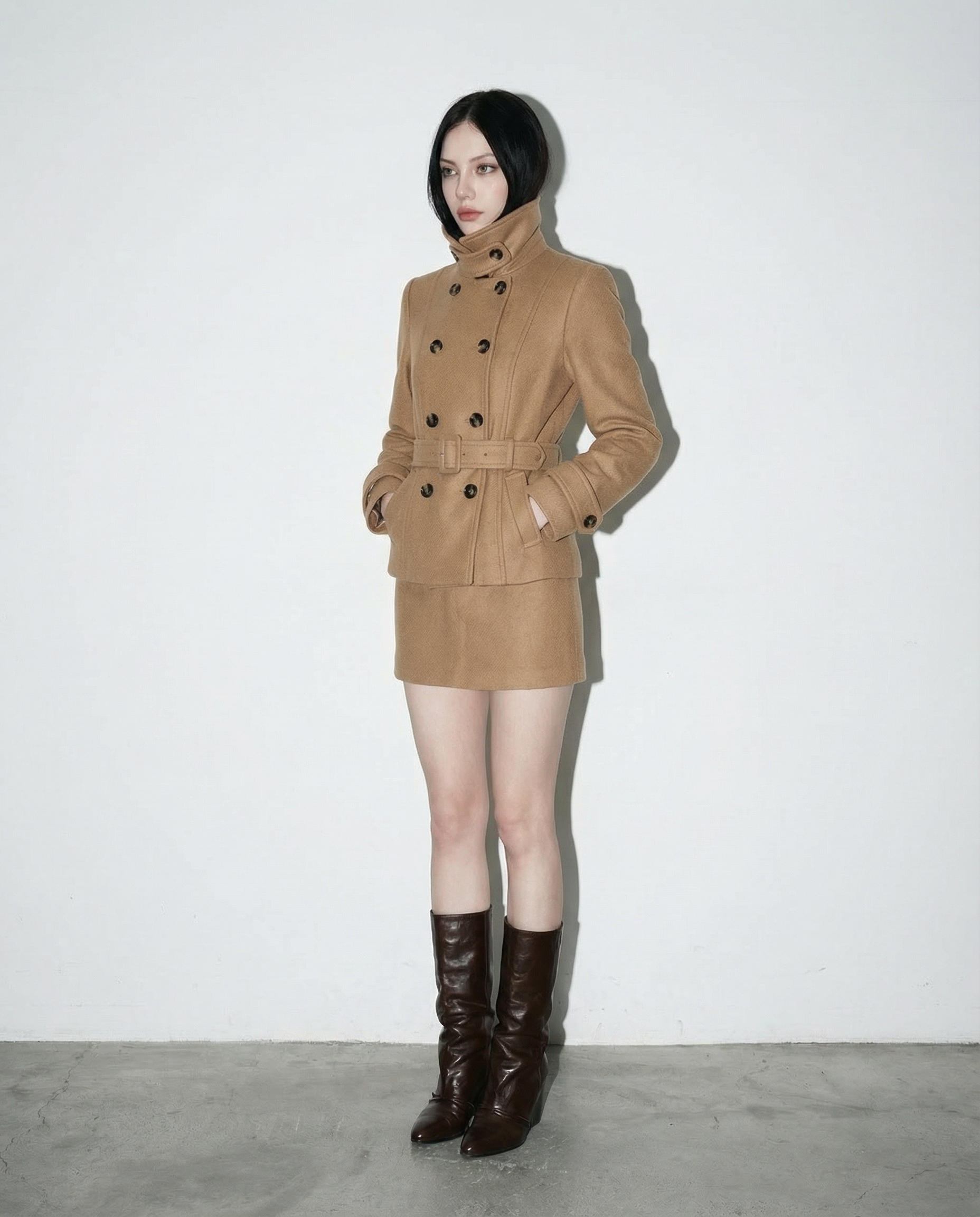 Military Double Breasted Wool Blend Coat and Mini Skirt Two-Piece Set - nightcity clothing