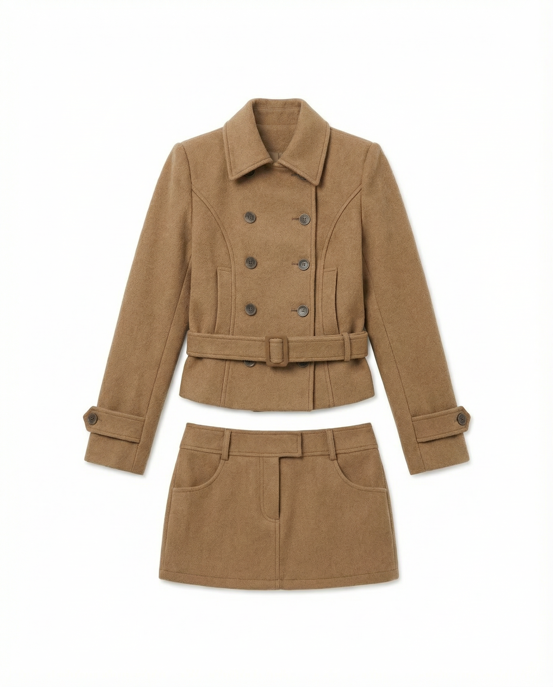 Military Double Breasted Wool Blend Coat and Mini Skirt Two-Piece Set - nightcity clothing