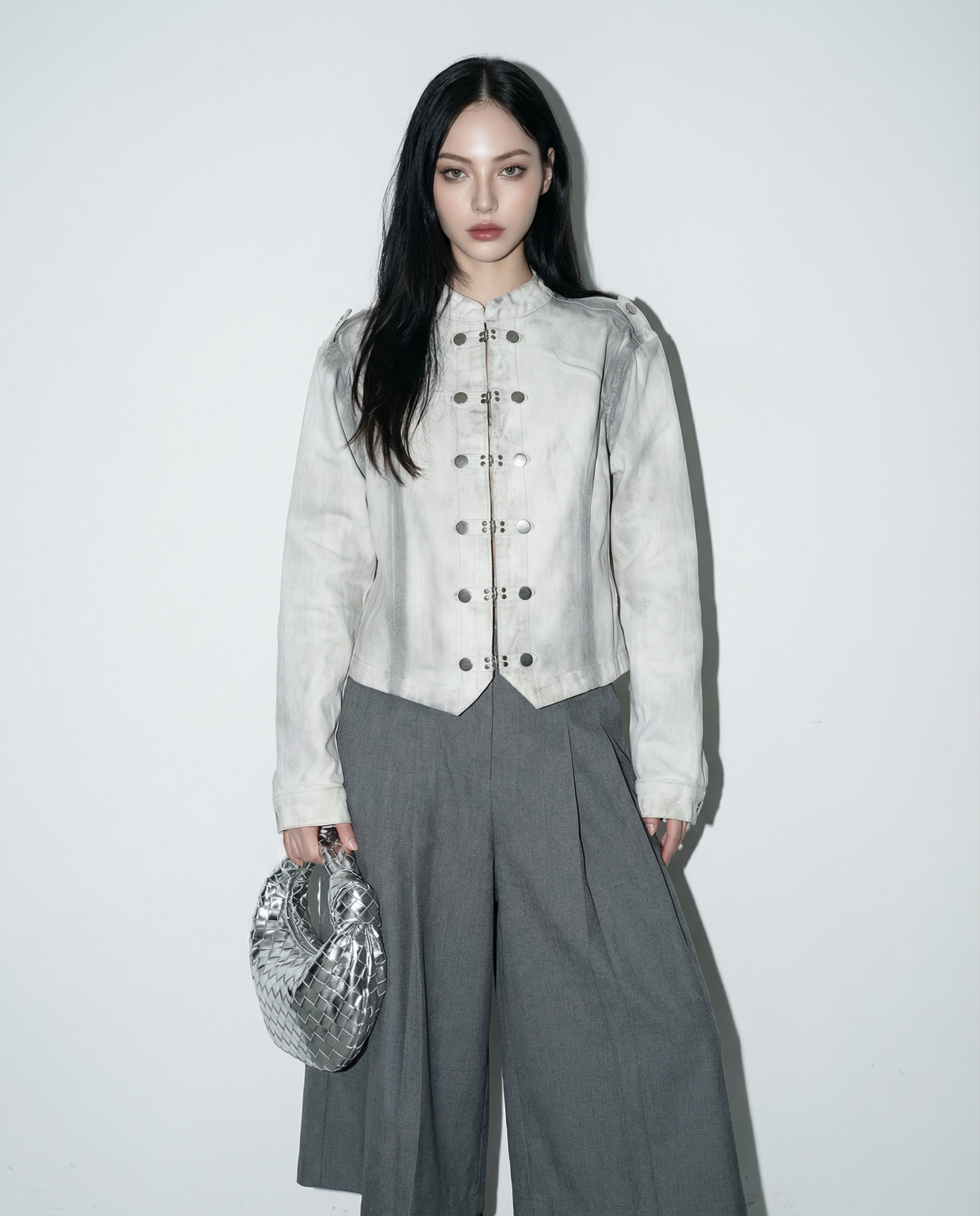 Washout Denim Metal Clasp Military Jacket - nightcity clothing