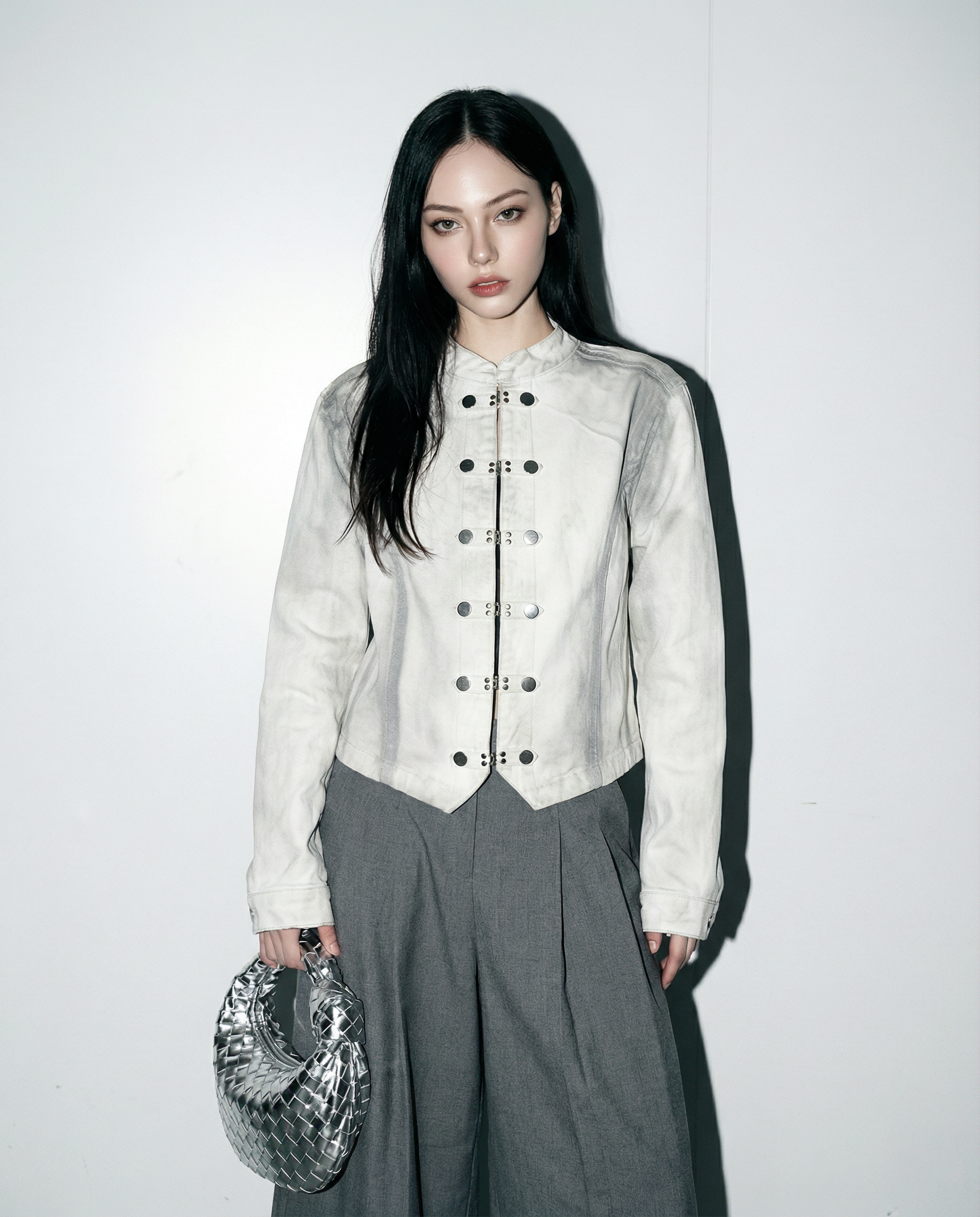 Washout Denim Metal Clasp Military Jacket - nightcity clothing