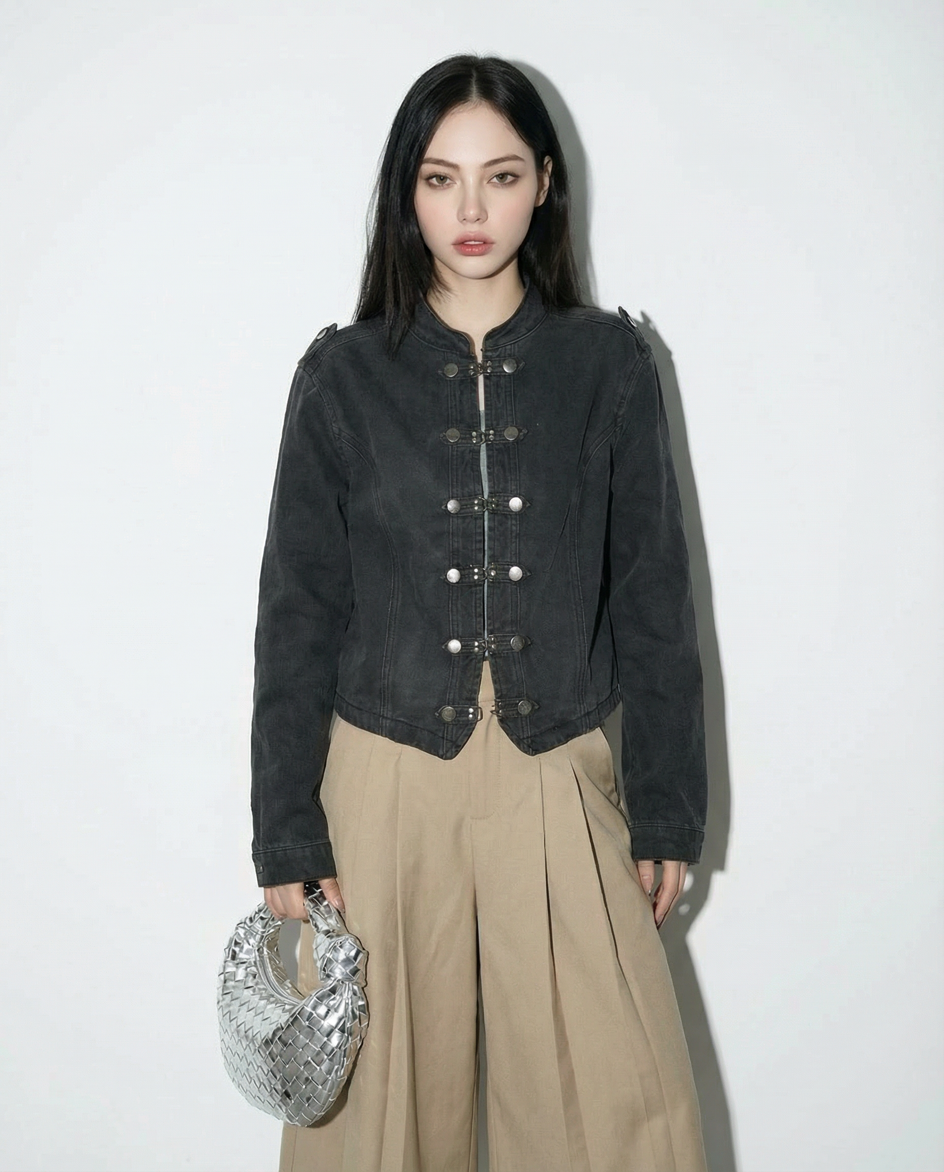 Washout Denim Metal Clasp Military Jacket - nightcity clothing
