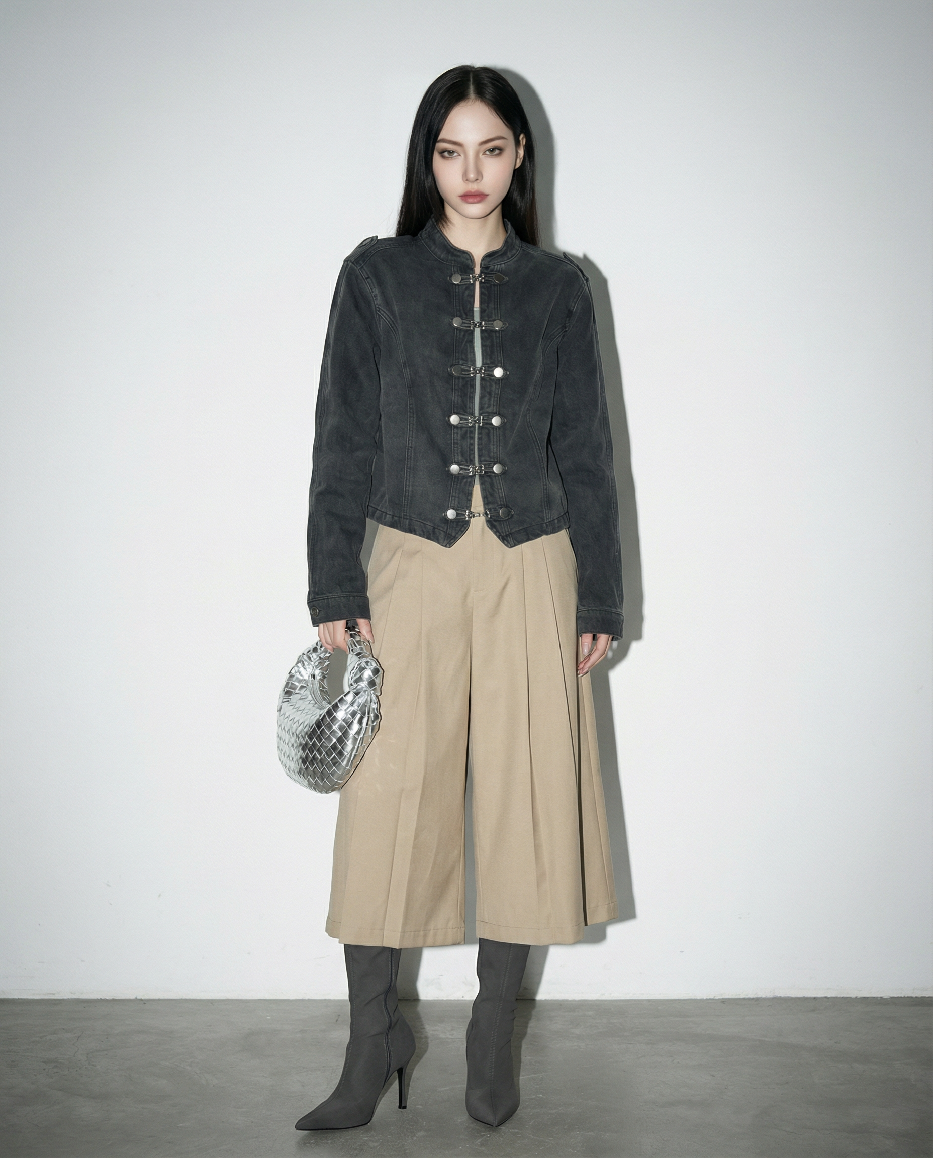 Washout Denim Metal Clasp Military Jacket - nightcity clothing