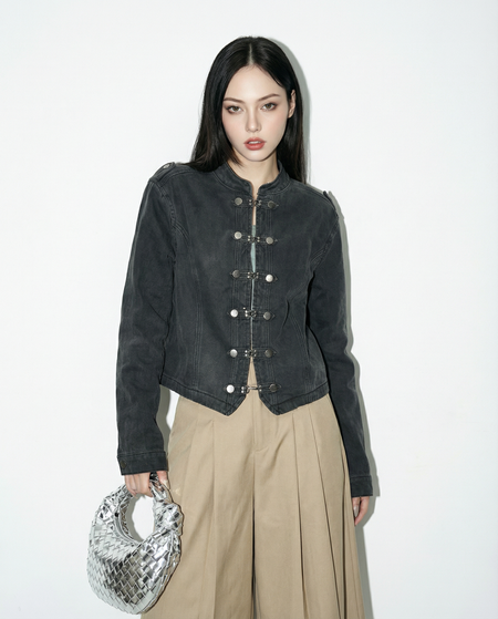 Washout Denim Metal Clasp Military Jacket - nightcity clothing