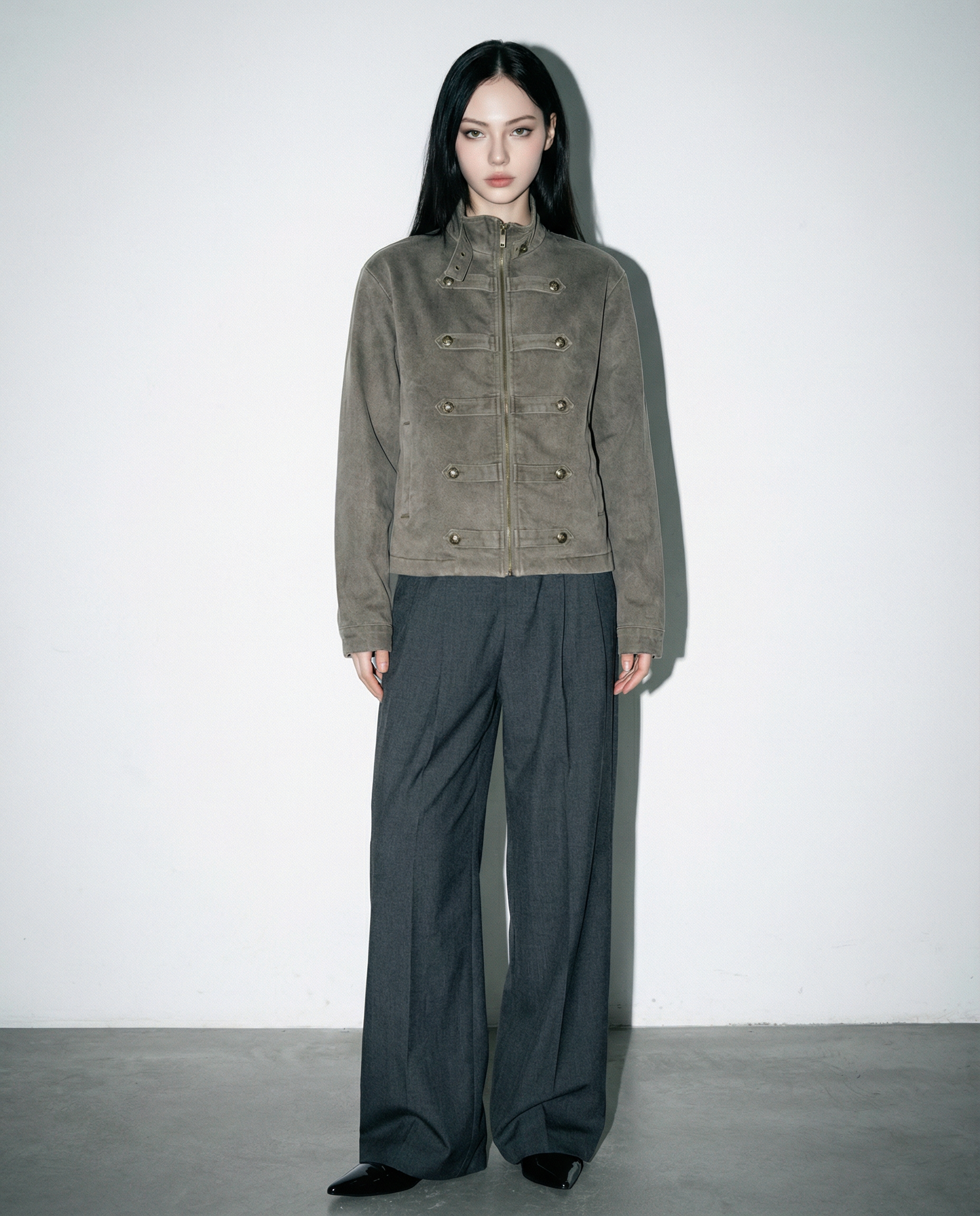 Mid Crop Military Zip Jacket with Star Studs - nightcity clothing
