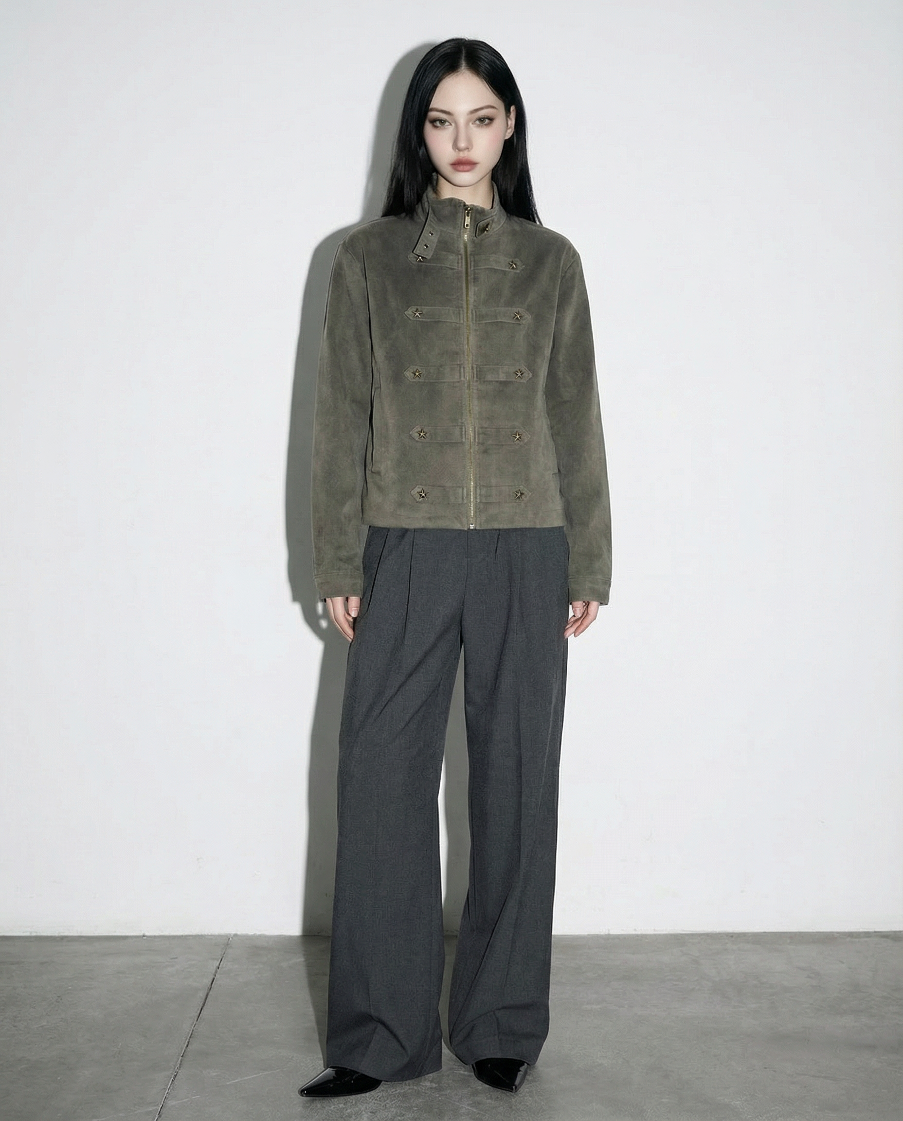 Mid Crop Military Zip Jacket with Star Studs - nightcity clothing