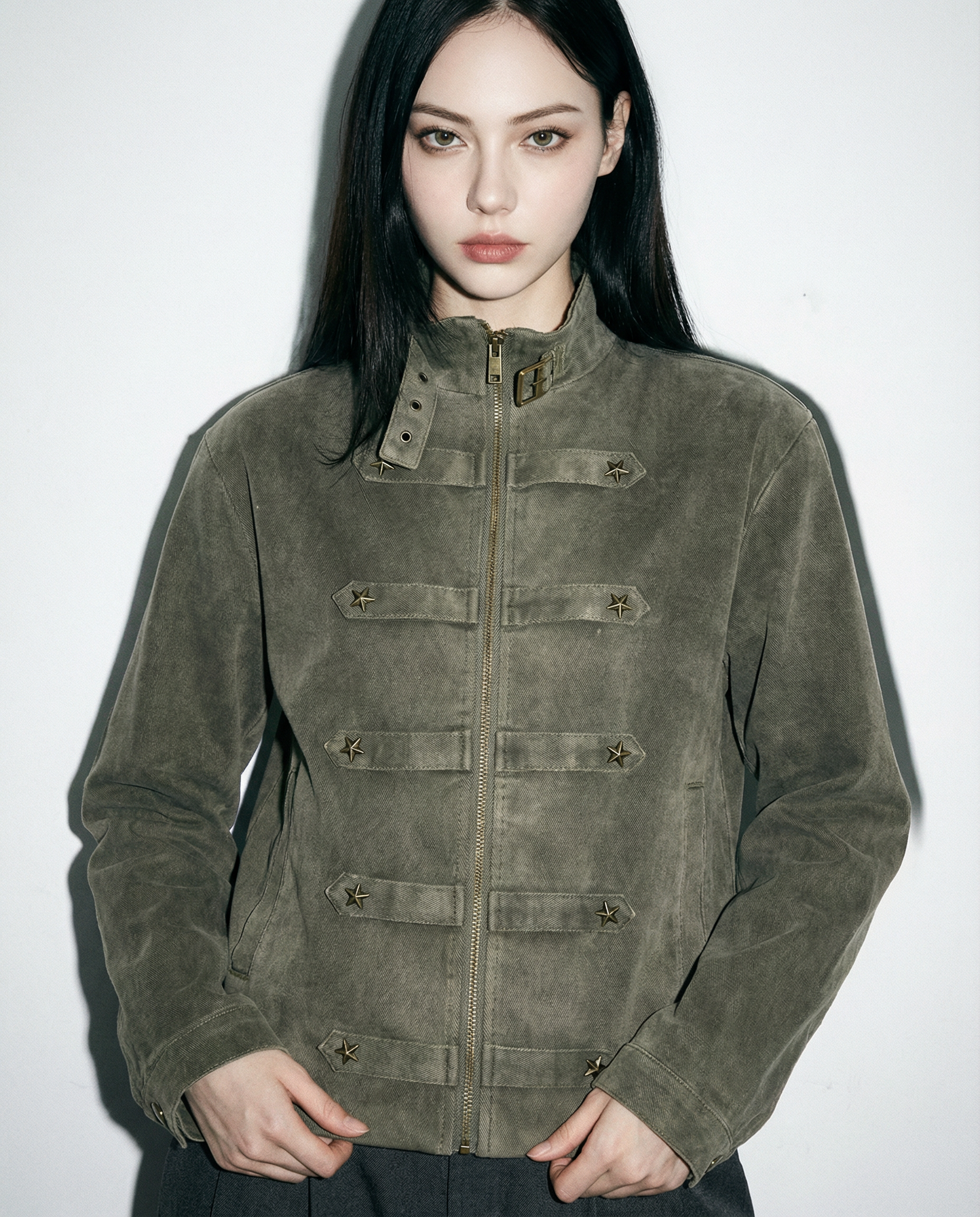 Mid Crop Military Zip Jacket with Star Studs - nightcity clothing