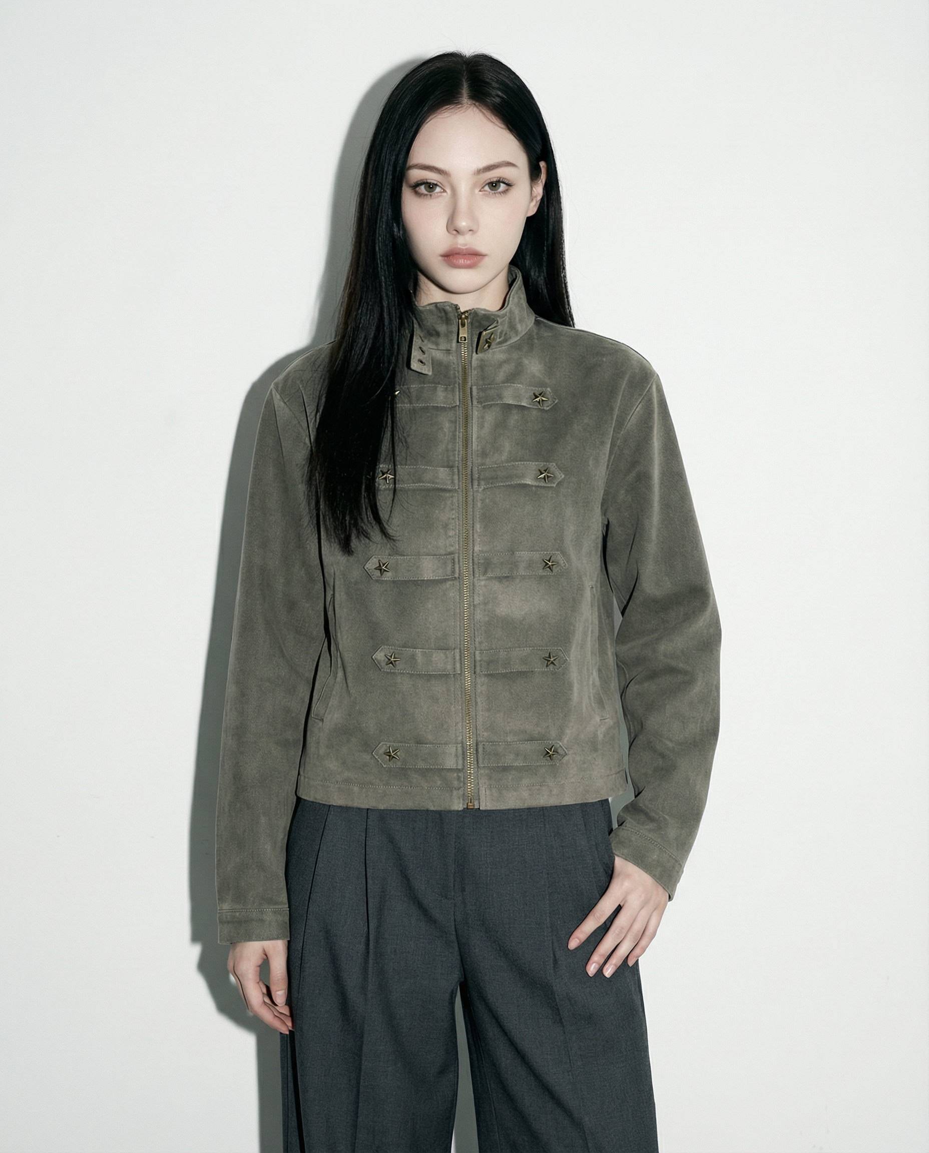 Mid Crop Military Zip Jacket with Star Studs - nightcity clothing