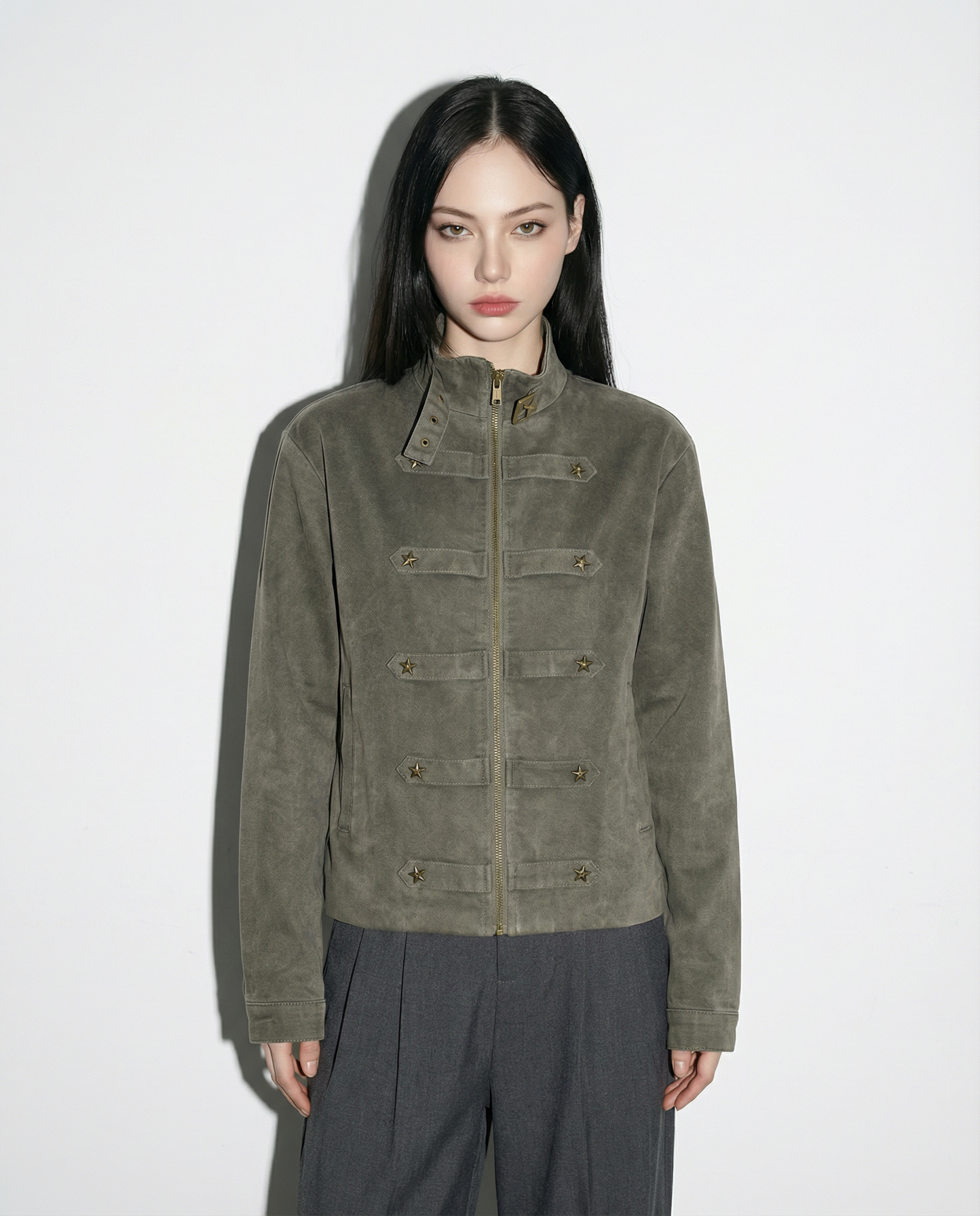 Mid Crop Military Zip Jacket with Star Studs - nightcity clothing