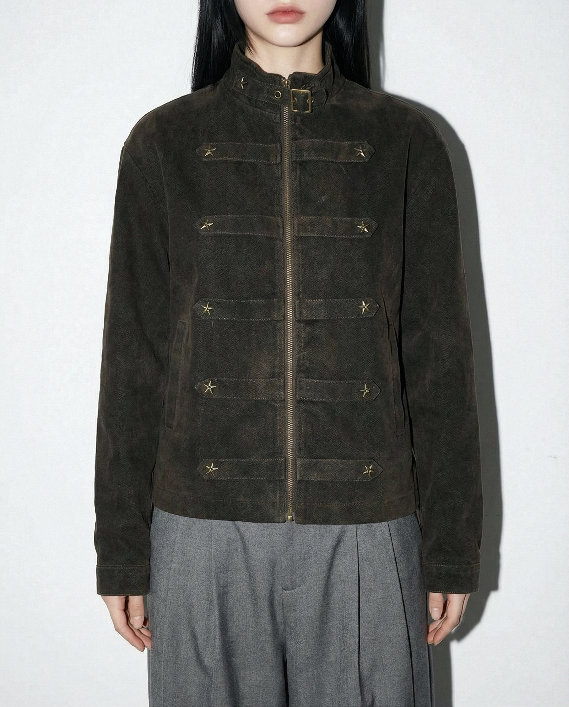 Mid Crop Military Zip Jacket with Star Studs - nightcity clothing