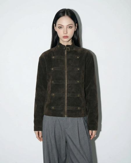 Mid Crop Military Zip Jacket with Star Studs - nightcity clothing