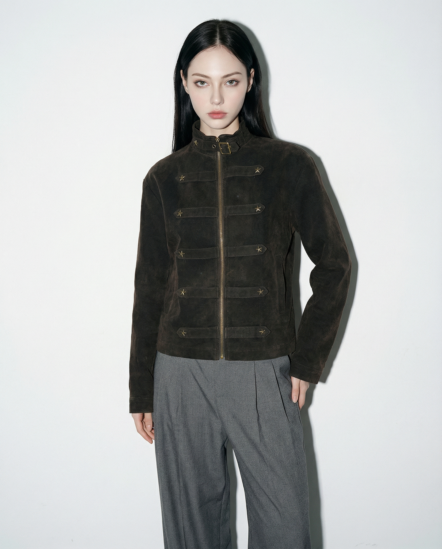 Mid Crop Military Zip Jacket with Star Studs - nightcity clothing