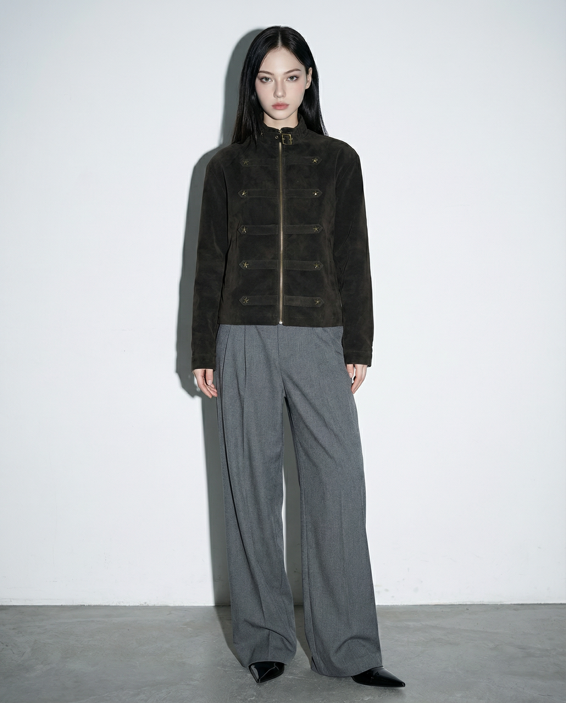 Mid Crop Military Zip Jacket with Star Studs - nightcity clothing