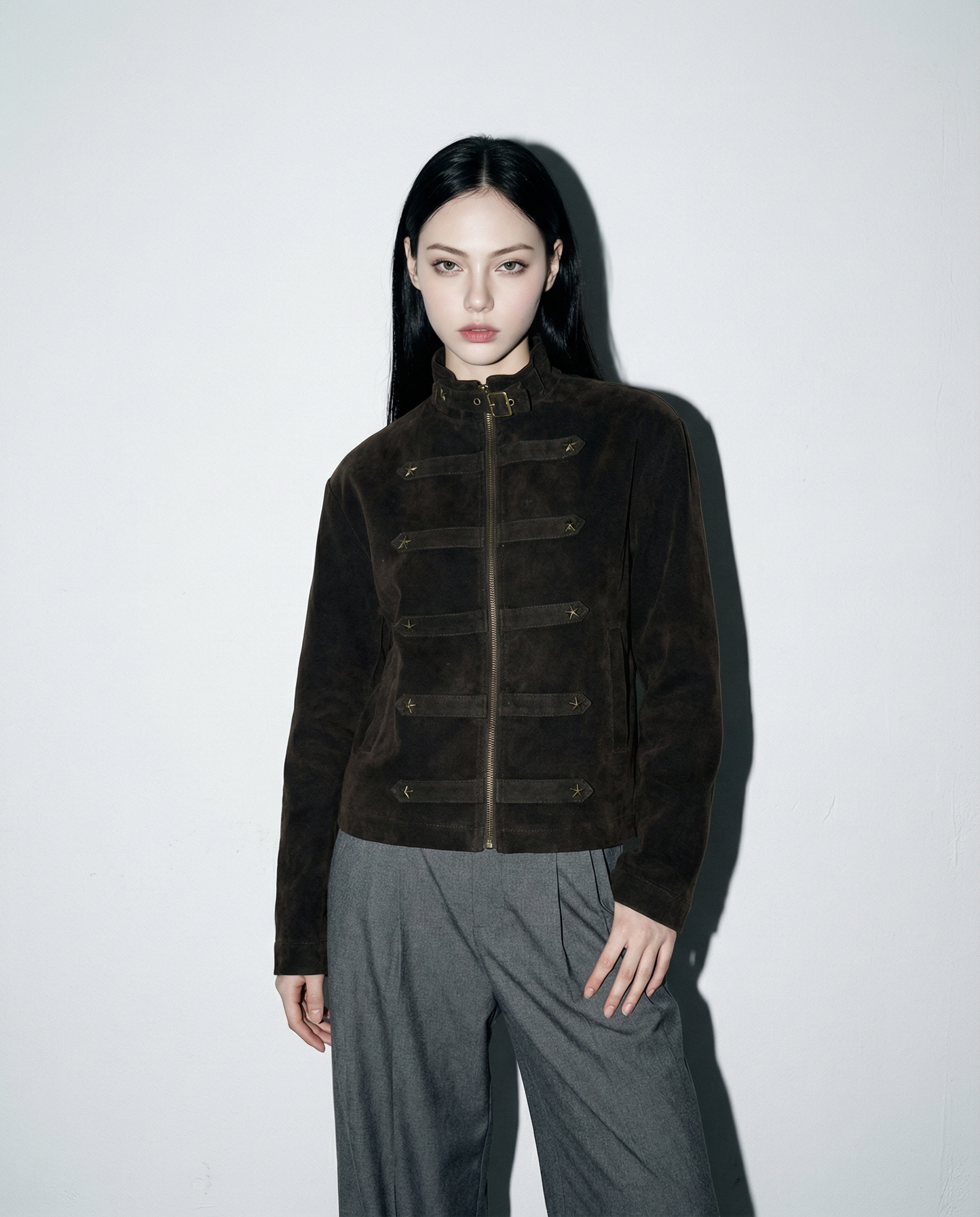 Mid Crop Military Zip Jacket with Star Studs - nightcity clothing