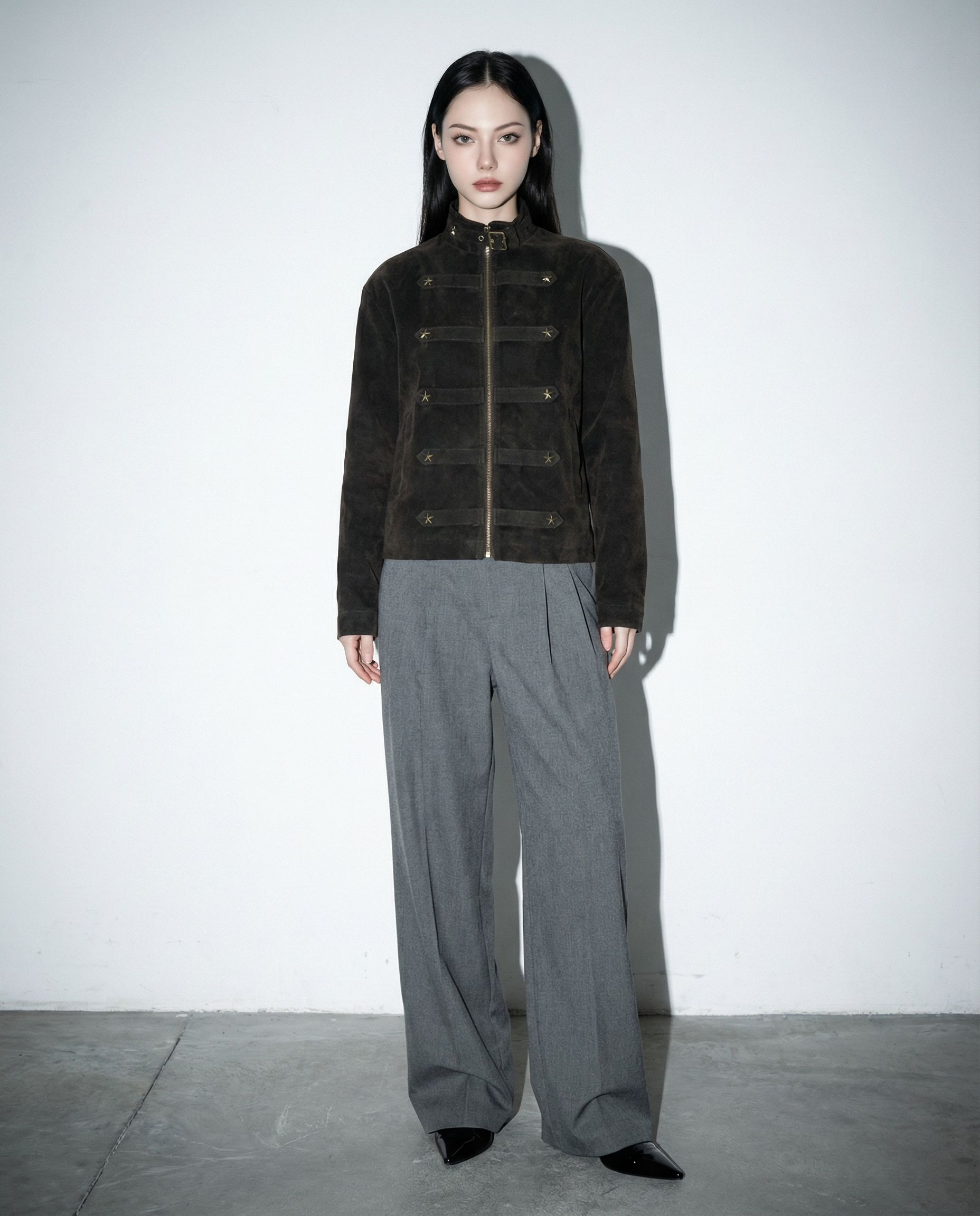 Mid Crop Military Zip Jacket with Star Studs - nightcity clothing
