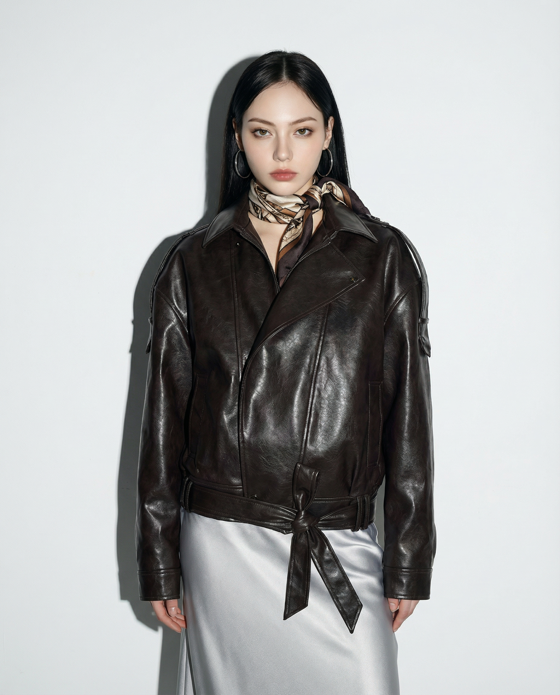 Faux Leather Asymmetric Belted Moto Jacket - nightcity clothing