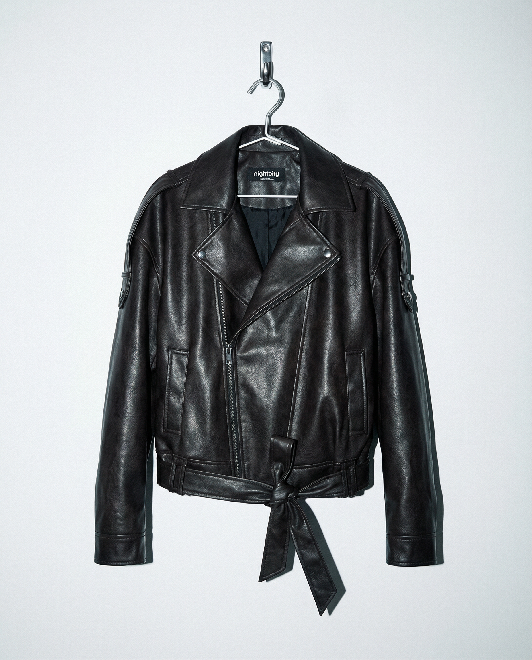 Faux Leather Asymmetric Belted Moto Jacket - nightcity clothing