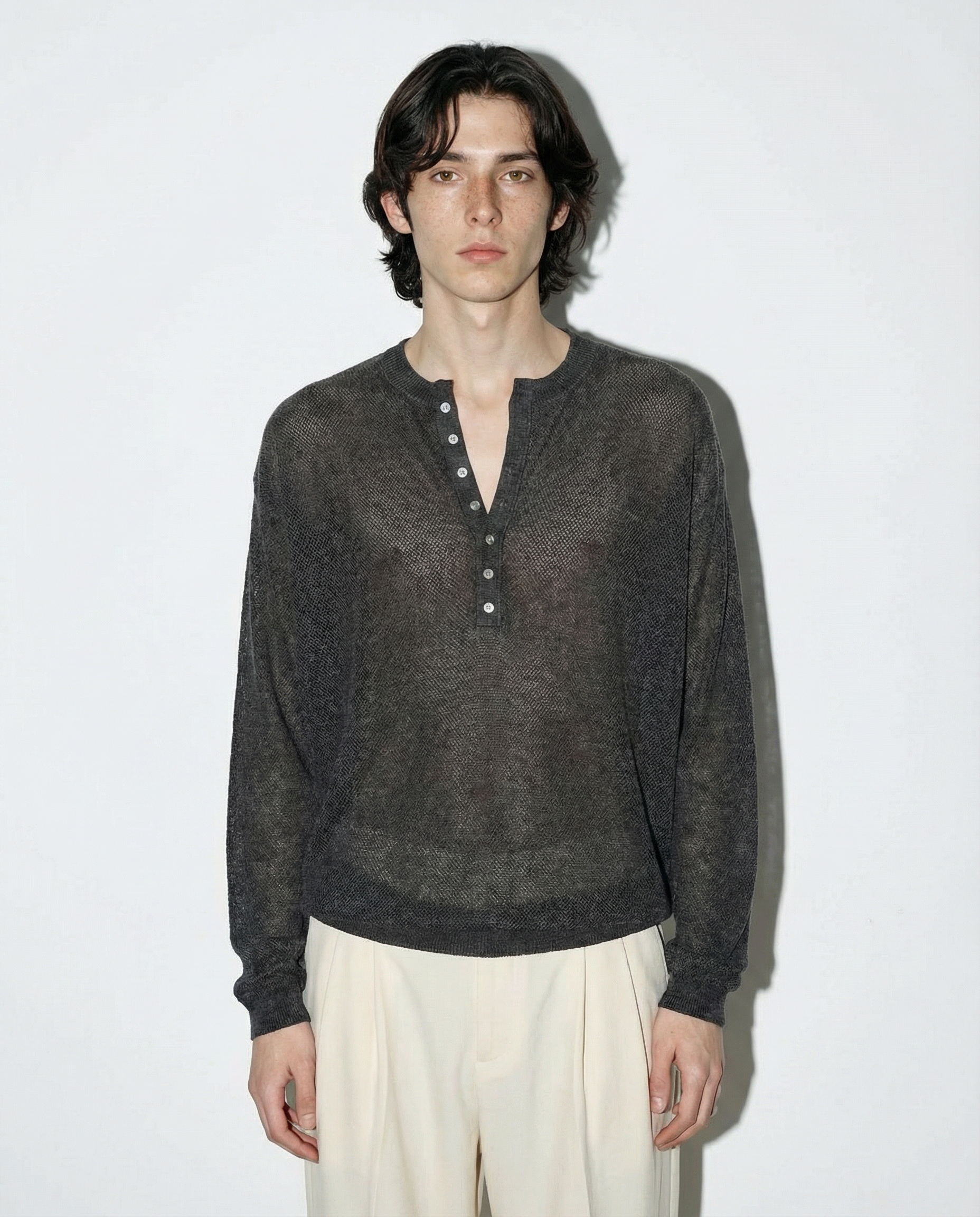 Mesh Knit Lightweight Henley Long Sleeve Shirt - nightcity clothing