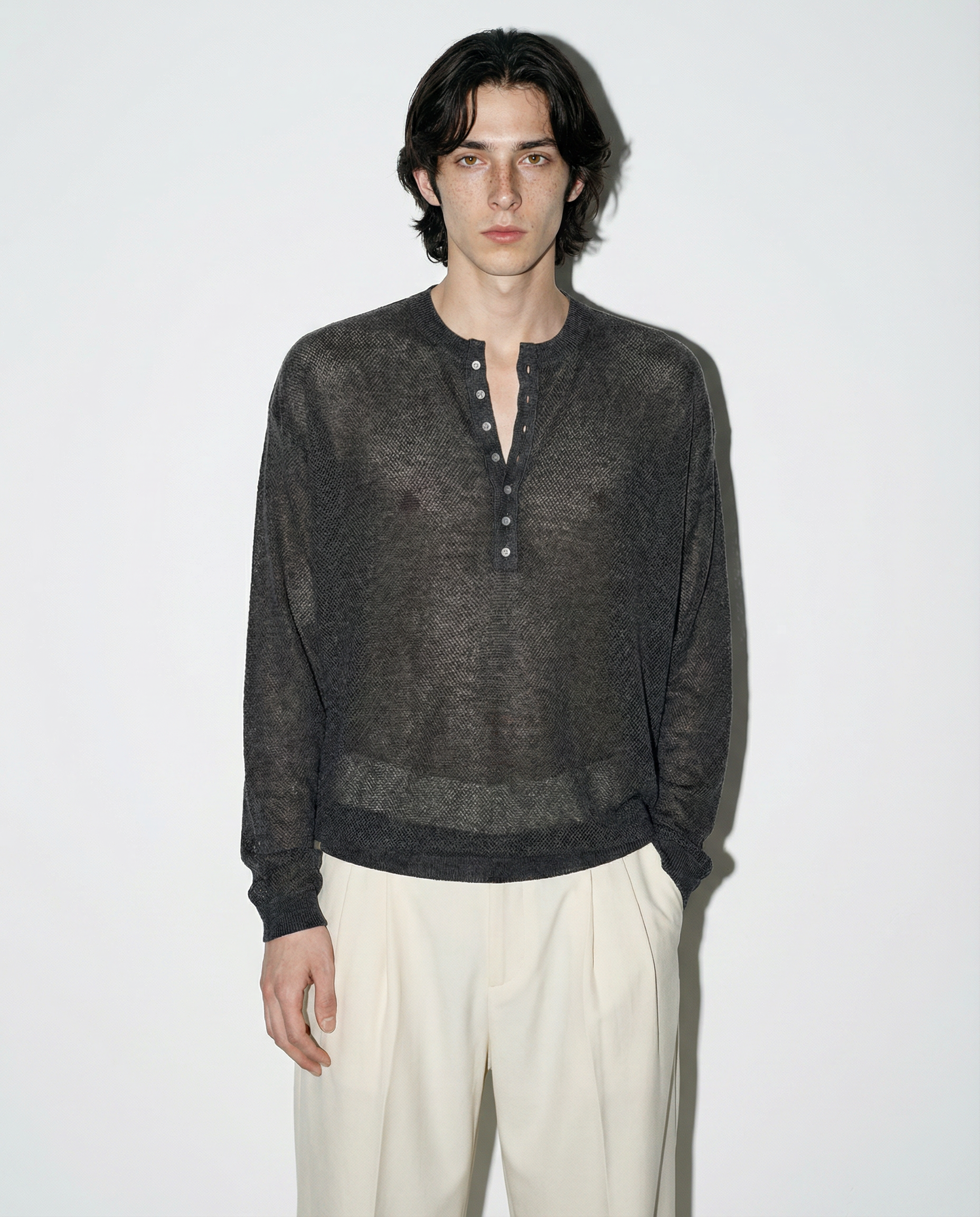 Mesh Knit Lightweight Henley Long Sleeve Shirt - nightcity clothing