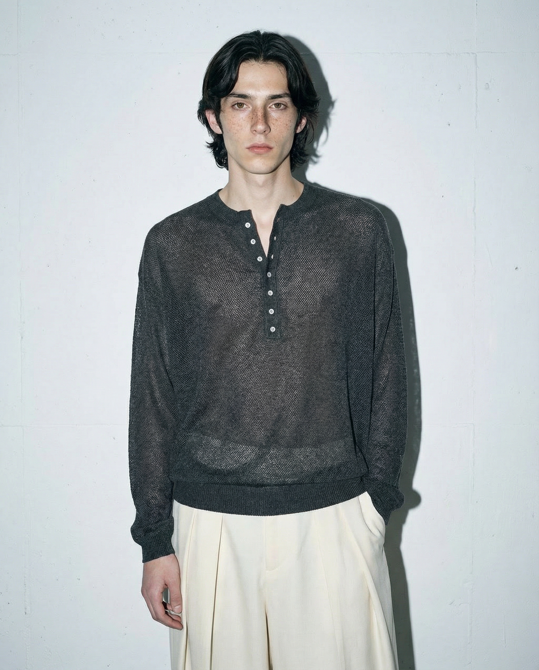 Mesh Knit Lightweight Henley Long Sleeve Shirt - nightcity clothing