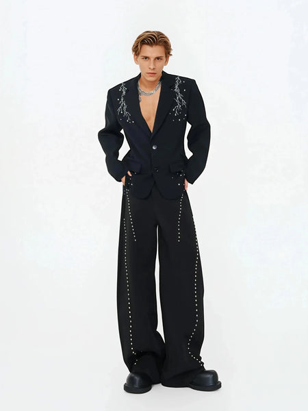 Embellished Single Breasted Blazer and Wide Leg Studded Trousers Two Piece Set