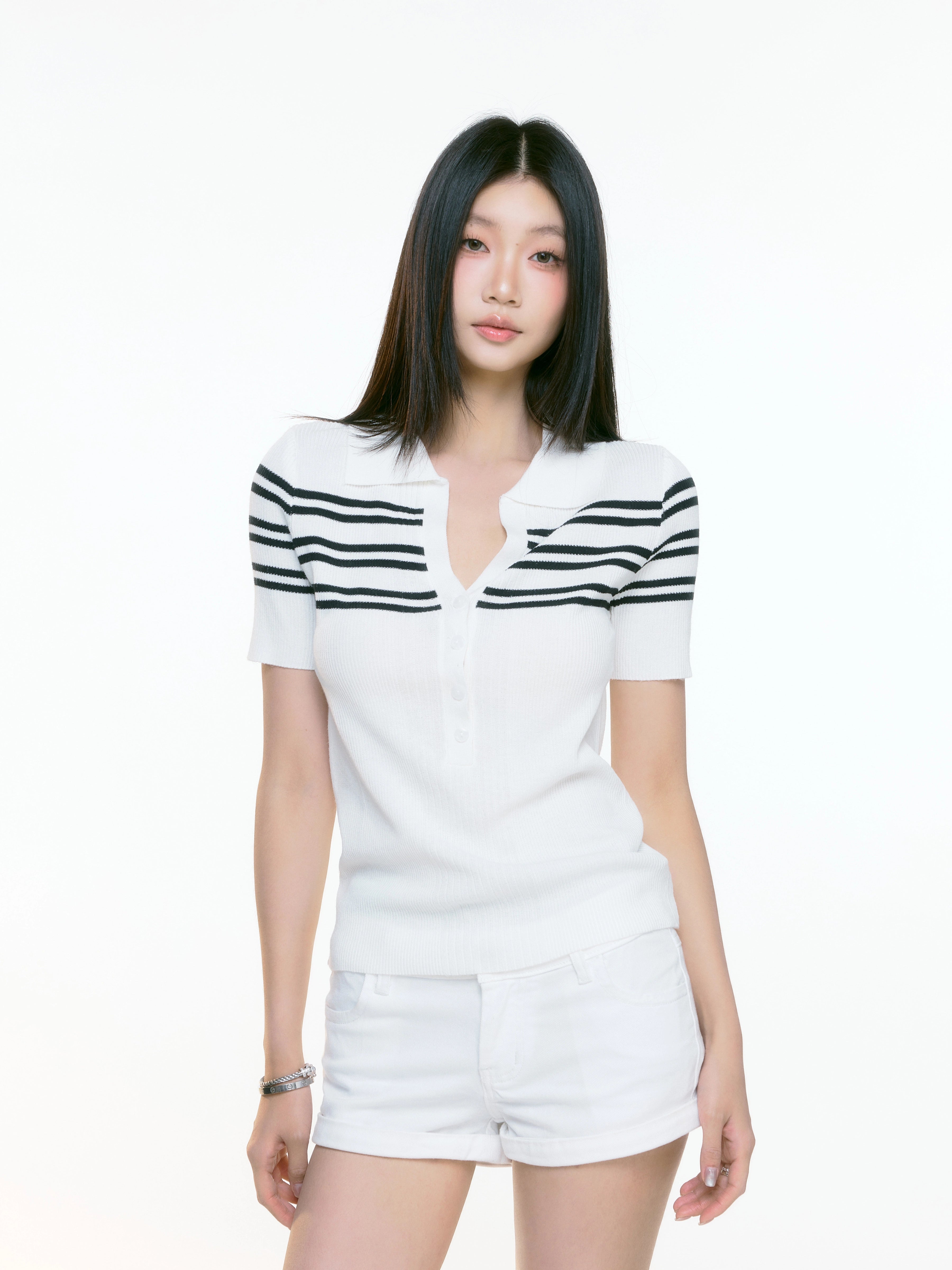 Stripe Ribbed Knit Polo Shirt with Button Detail