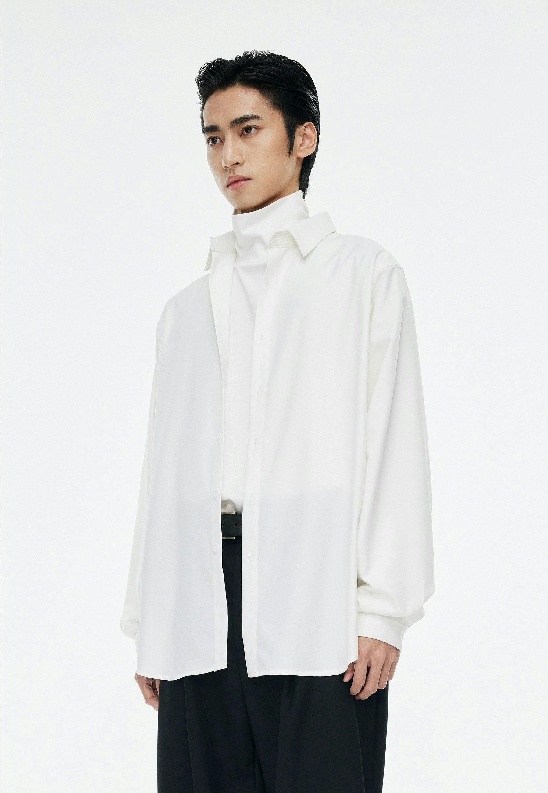 Oversized Button-Down Shirt with Stand Collar