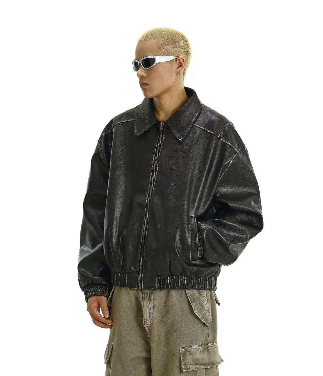 Oversized Faux Leather Vintage Zip Jacket with Elastic Cuffs and Hem Oversized Faux Leather Vintage Zip Jacket with Elastic Cuffs and Hem