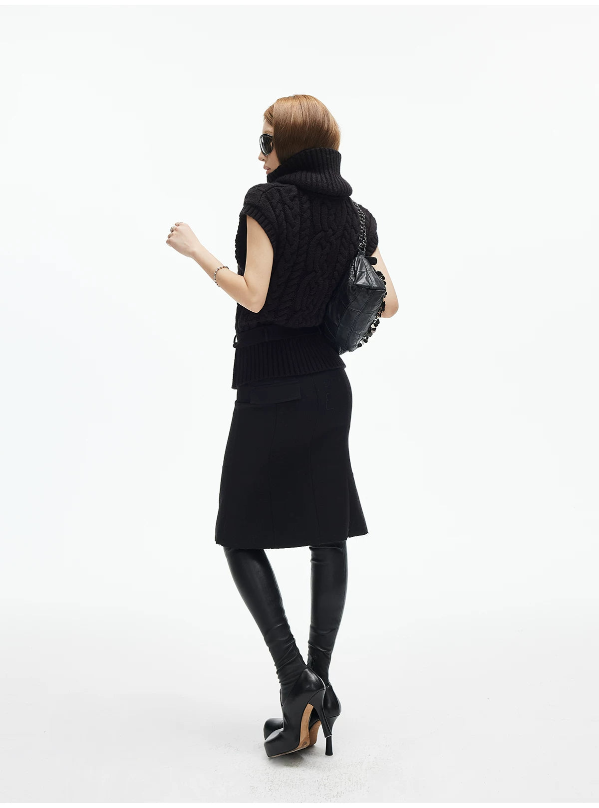 Cable Knit Turtleneck Sweater Vest with Belt - nightcity clothing