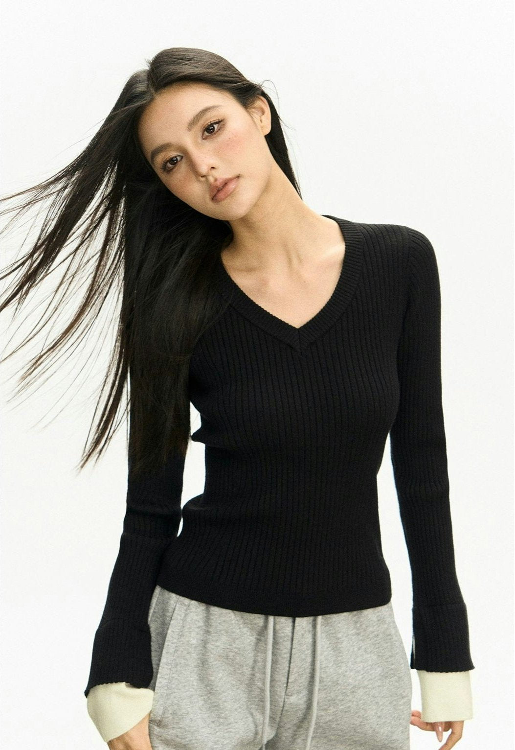 Ribbed V-Neck Two Tone Long Sleeve Knit Top