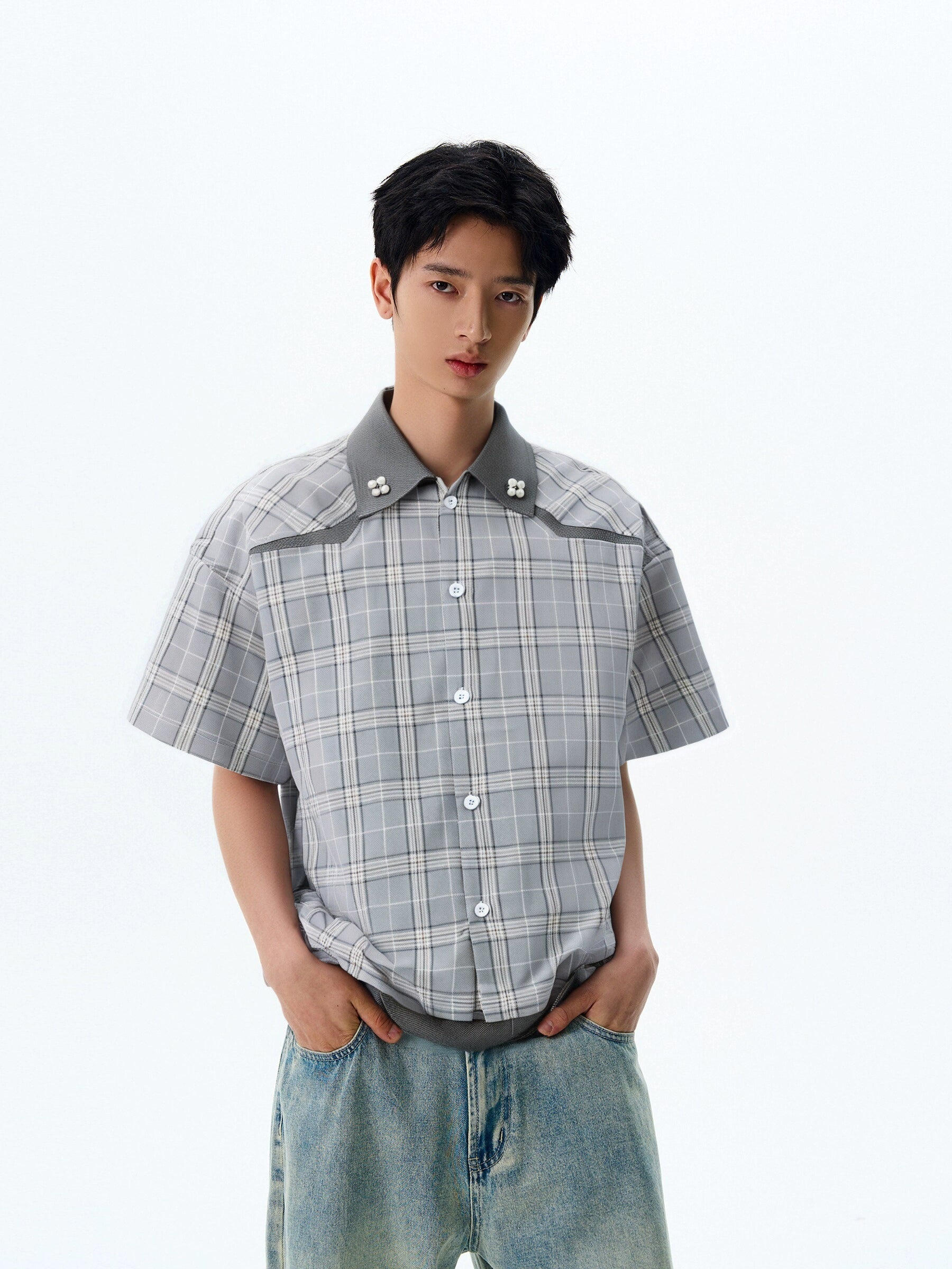Oversized Contrast Trim Checker Short Sleeve Shirt with