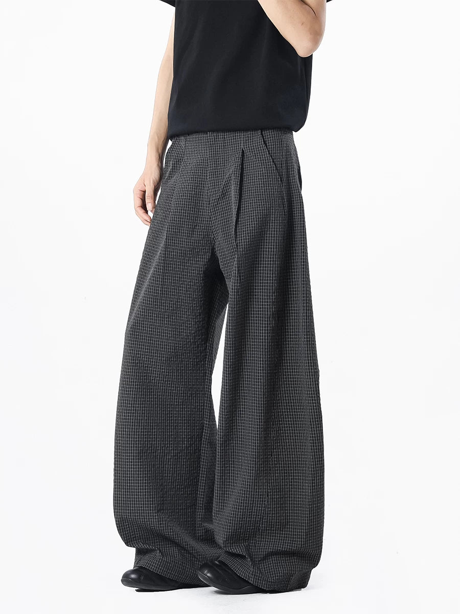 Wide Leg Lightweight Pleated Checkered Trousers - nightcity clothing