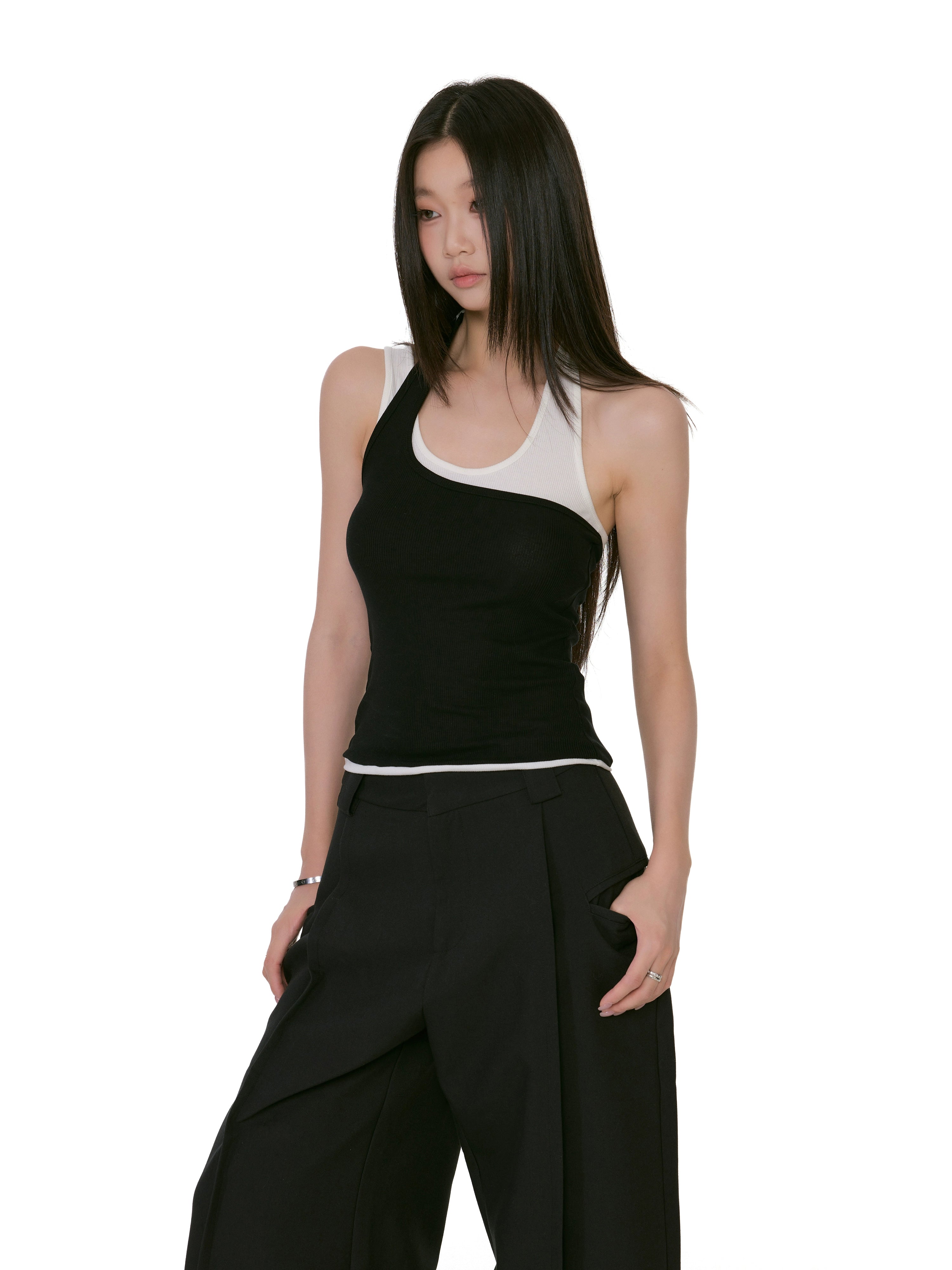 Asymmetric Two-Tone Ribbed Mock Layered Tank Top
