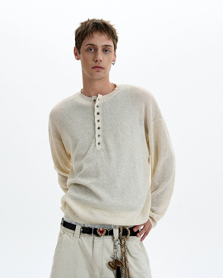 Textured Long Sleeve Sheer Henley Top with Button Detail