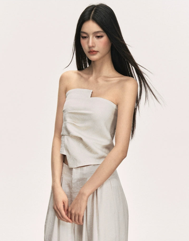 Strapless Asymmetric Top and Wide Leg Pleated Pant Two-Piece Set