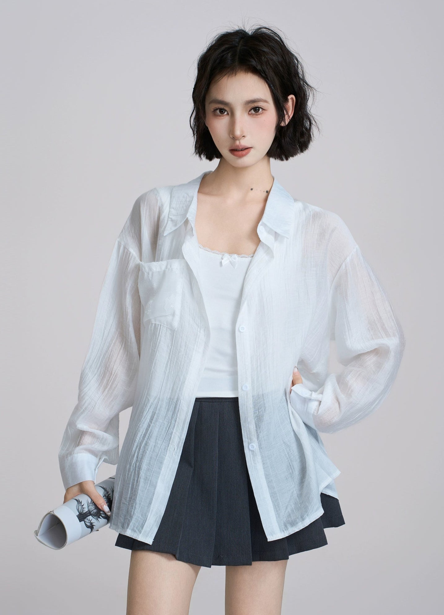 Sheer Floral Tie-Back Long Sleeve Shirt