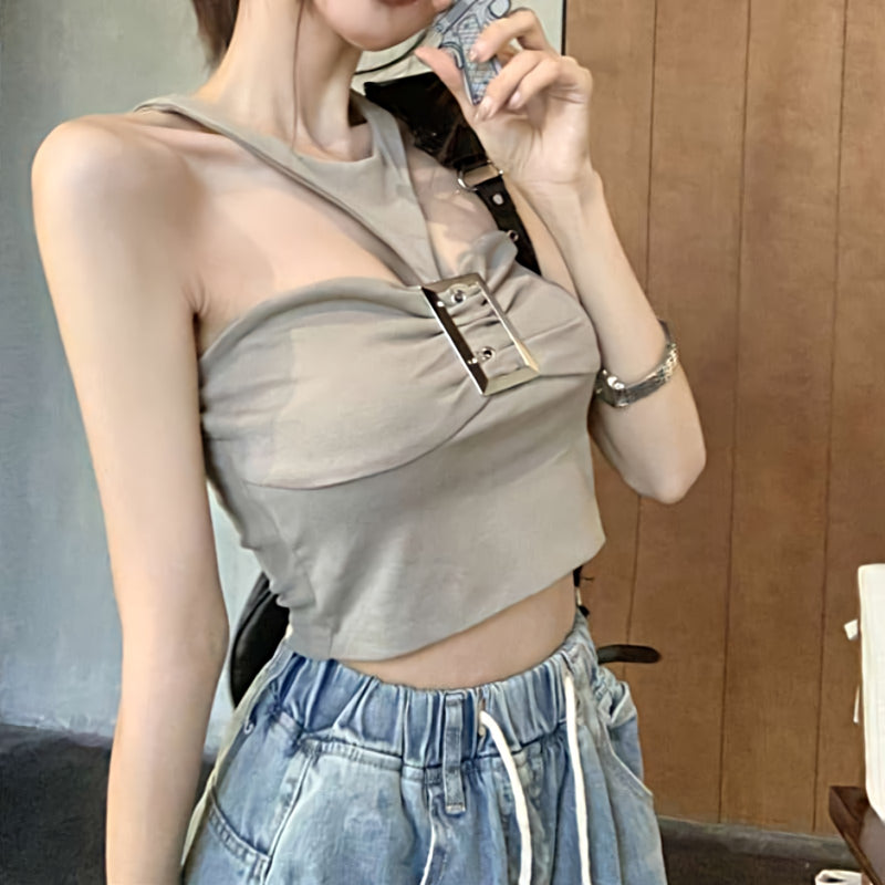 Halter Strap Buckle Crop Top