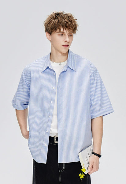 Oversized Retro Stripe Short Sleeve Shirt with Side Buttons