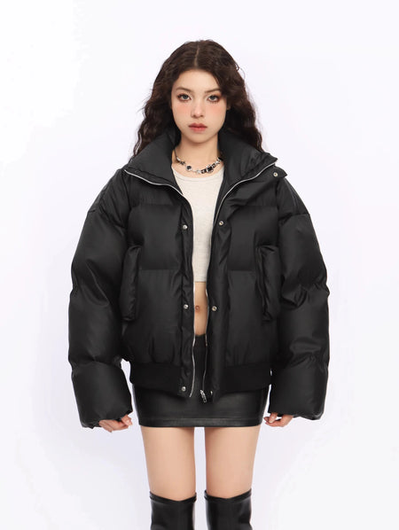 Puffer Jacket with Stand Collar and Elastic Hem