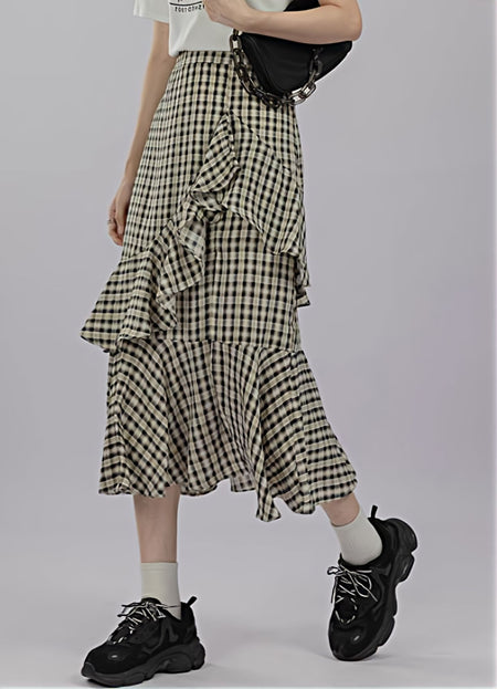 Tier Ruffle Slit Plaid Midi Skirt - nightcity clothing