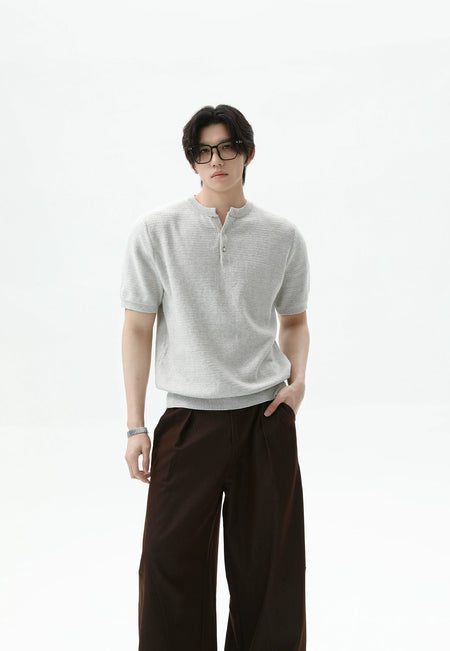Textured Knit Henley Top with Split Neckline