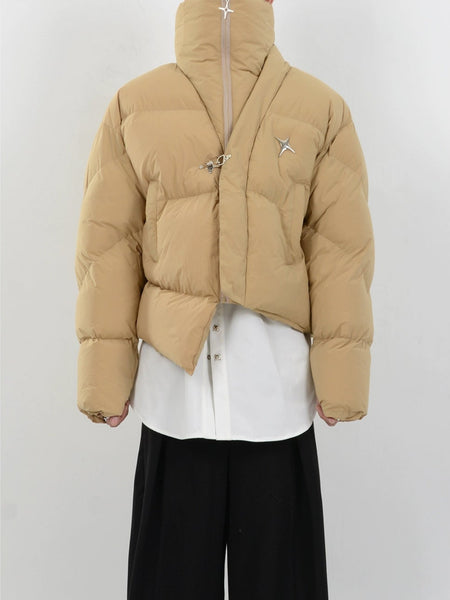 Asymmetric Puffer Jacket with Fireman Clasp Buckle