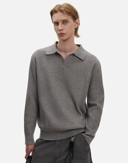 Waffle Textured Long Sleeve Polo Shirt