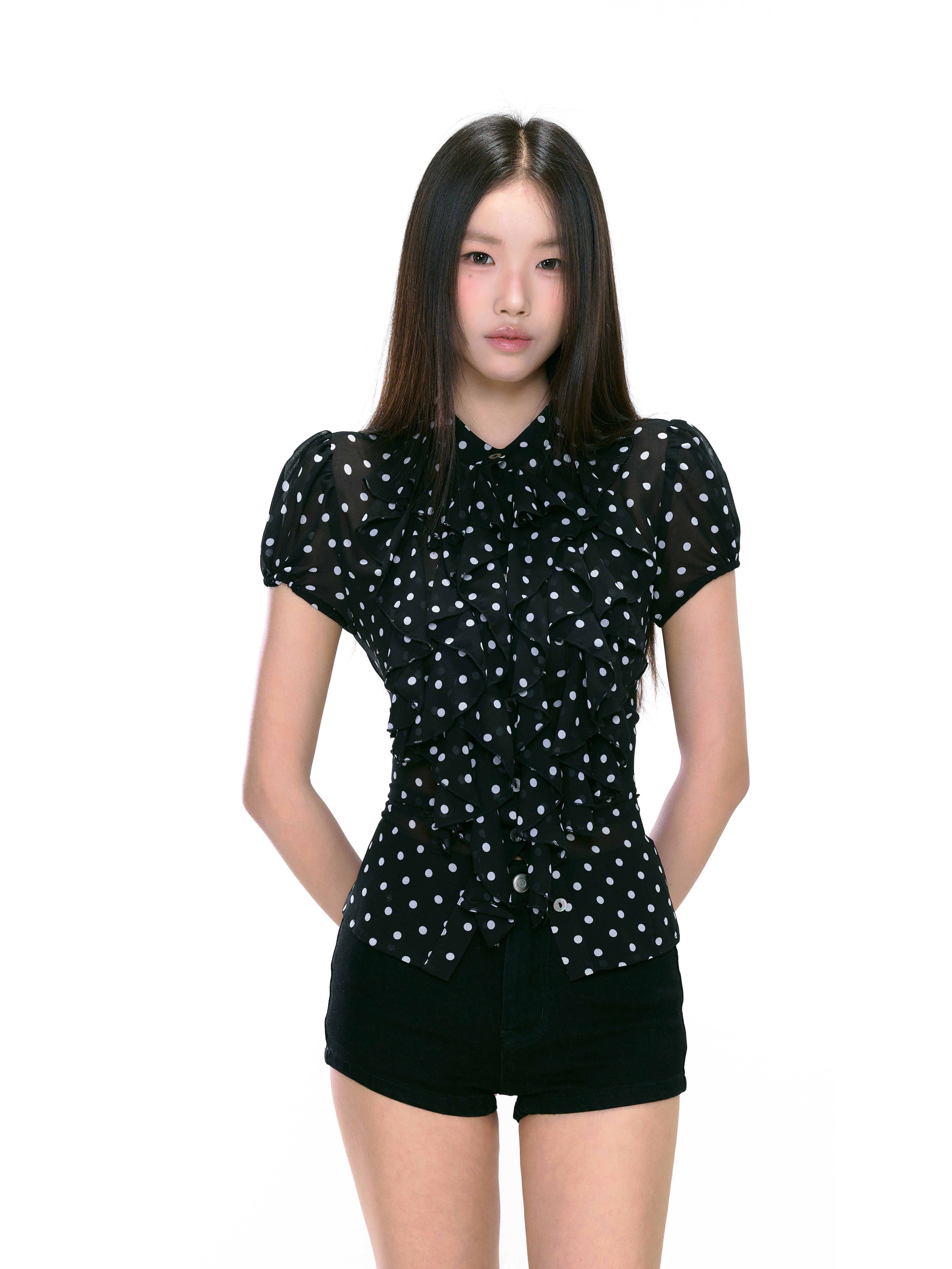 Sheer Ruffle Button-Up Polka Dot Puff Sleeve Top