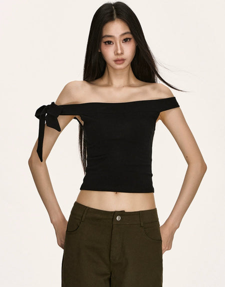 Off Shoulder Ribbed Knit Top with Side Bow Detail - nightcity clothing