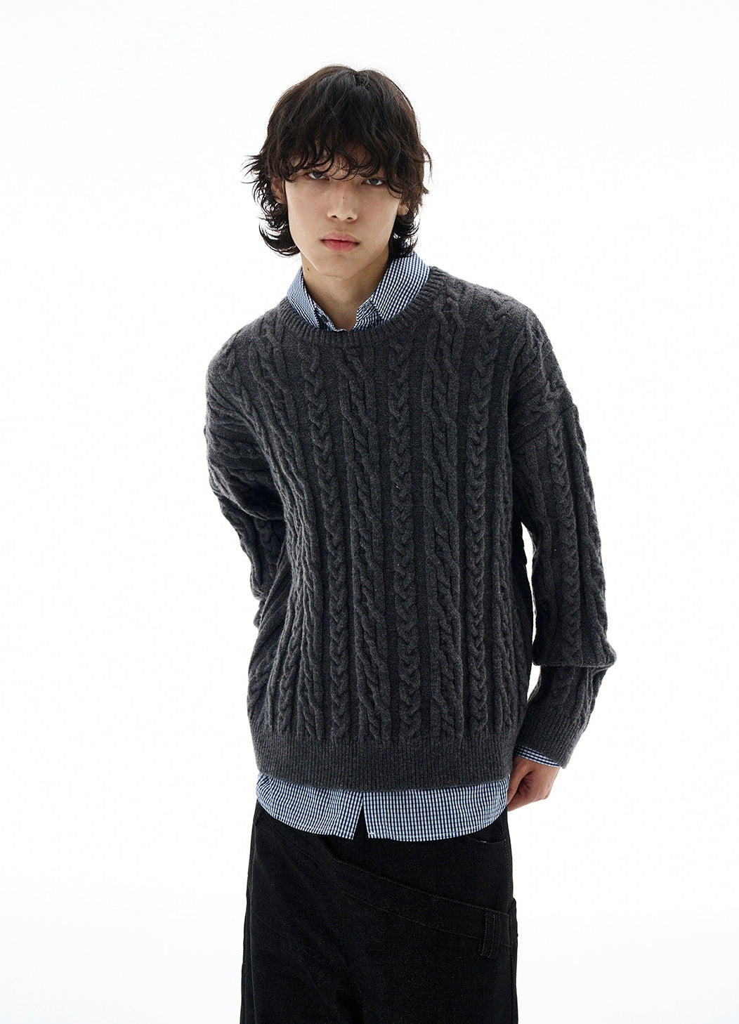 Cable Knit Round-Neck Ribbed Trim Sweater