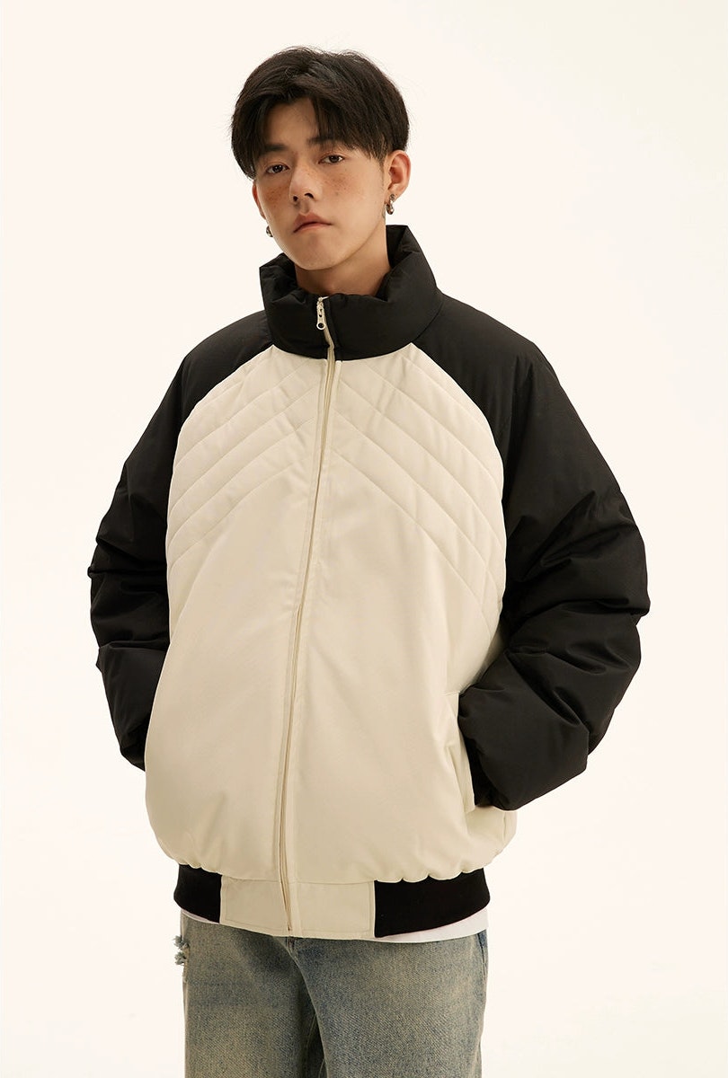 Color Block High Collar Oversized Puffer Jacket